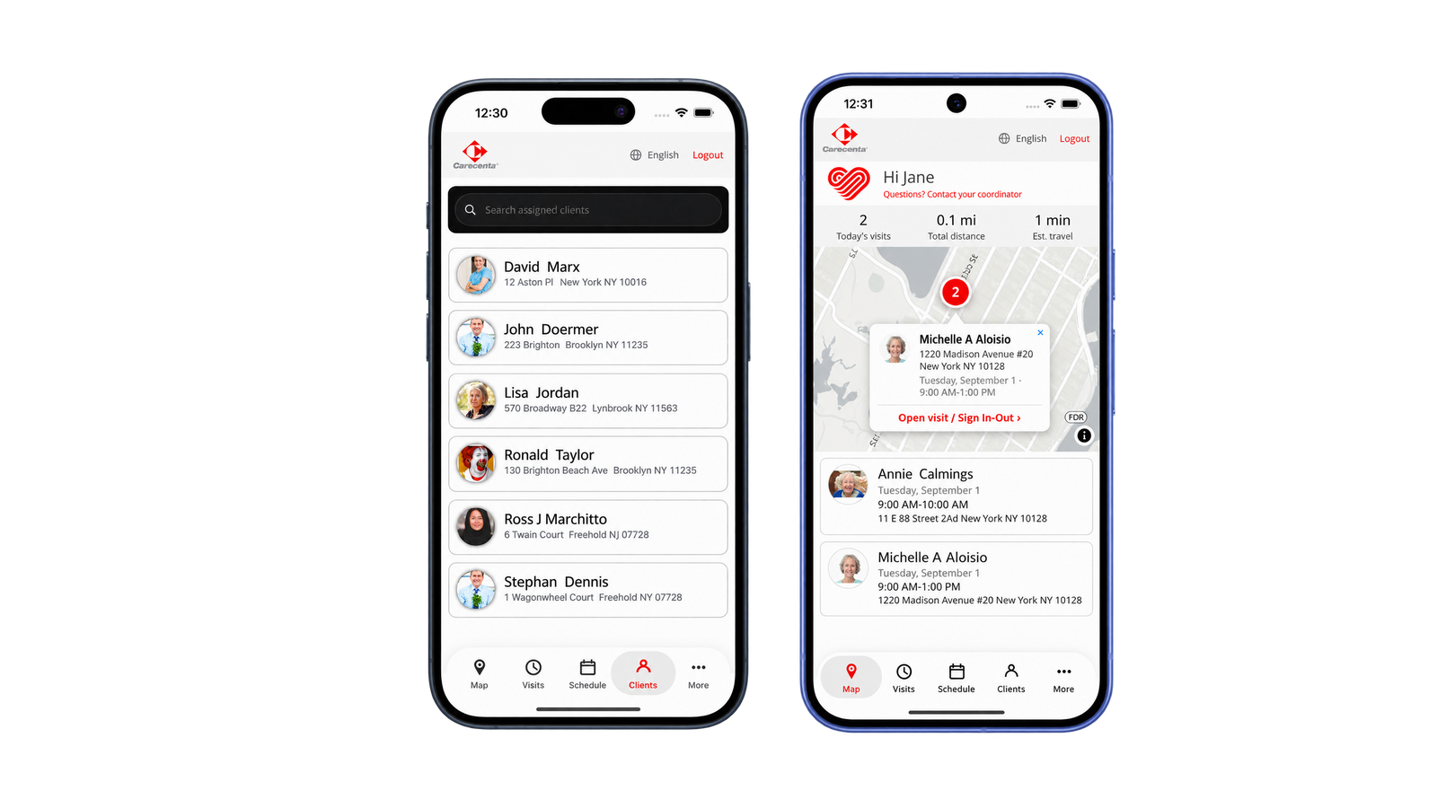 Carecenta native iOS and Android EVV app screens